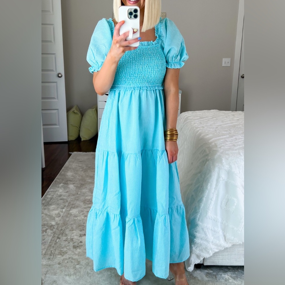 AURA by Red Dress Blue Gingham Puff Sleeve Smocked Maxi Dress XS Cottagecore